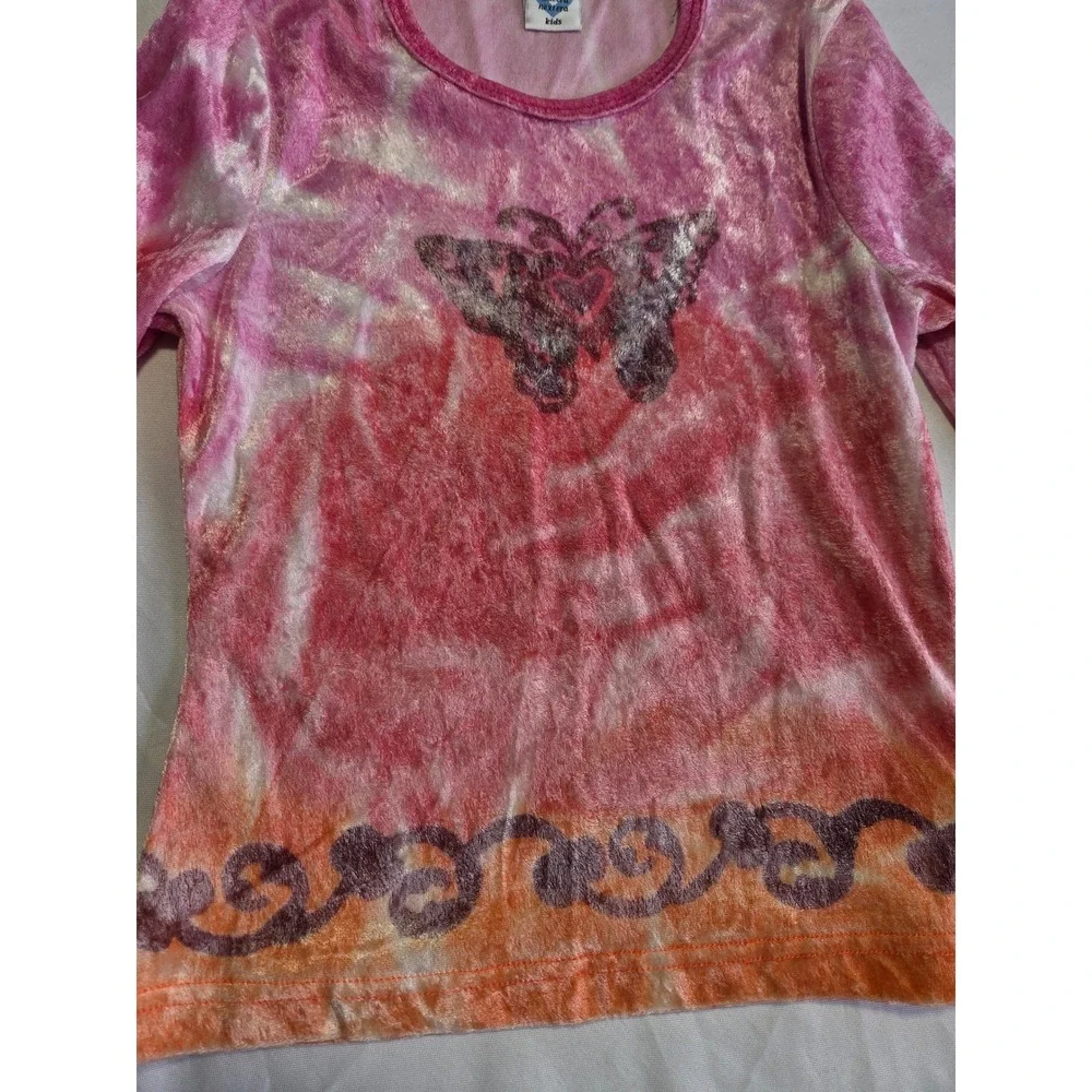 Nextera Kids Pink Orange Tie Dye Butterfly Baby Tee Crushed Velvet Long Sleeve M